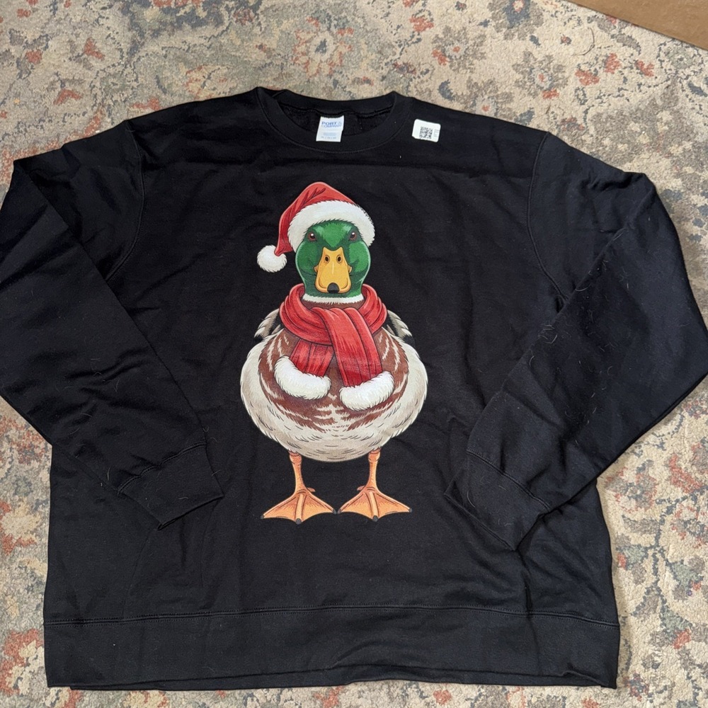 Funny Christmas Duck Sweatshirt Santa Hat Holiday Crewneck XL Black